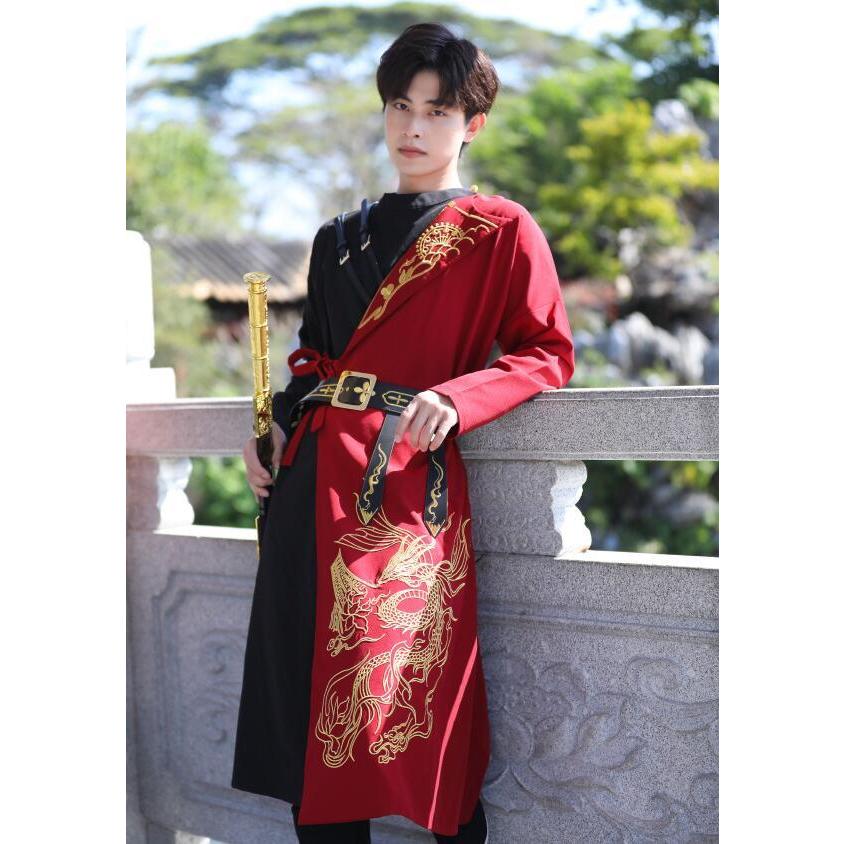 メンズ漢服 セット 中華伝統的漢服 龍刺繍 切り替え ロング丈シャツ
