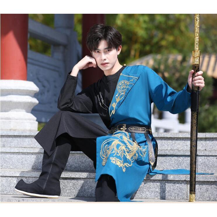 メンズ漢服 セット 中華伝統的漢服 龍刺繍 切り替え ロング丈シャツ