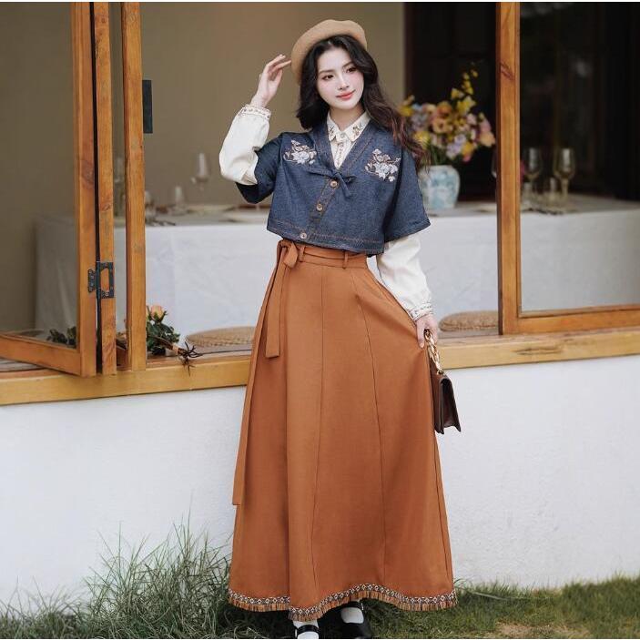 改良漢服 レディース中華風スカートセット 刺繍ベスト 長袖刺繍シャツ