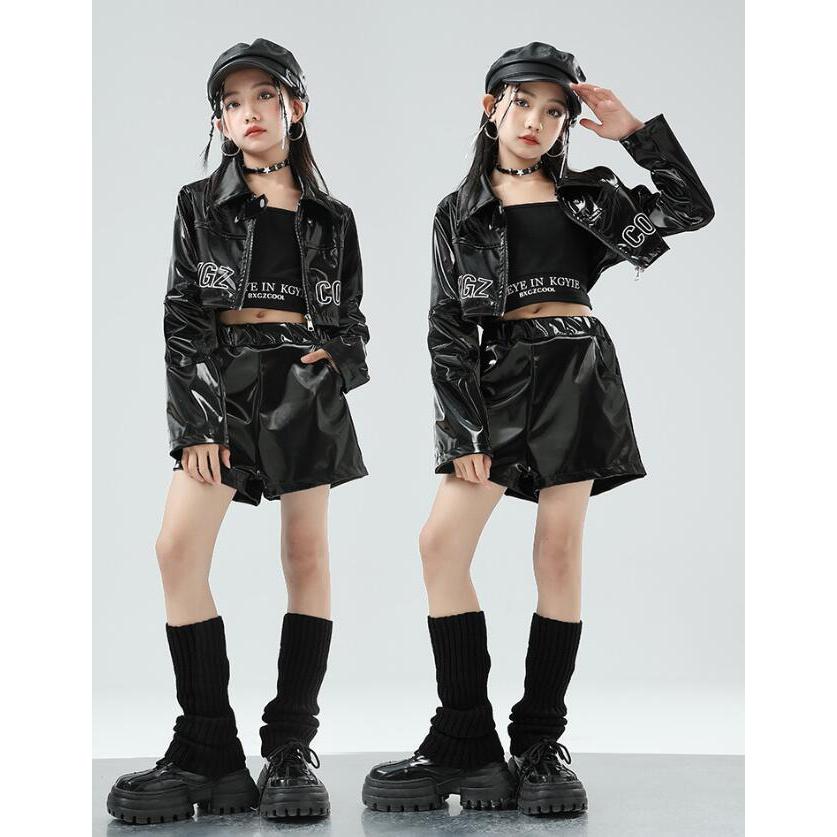 女の子ダンス衣装 レザーヒップホップジャズダンス服 キッズ pu