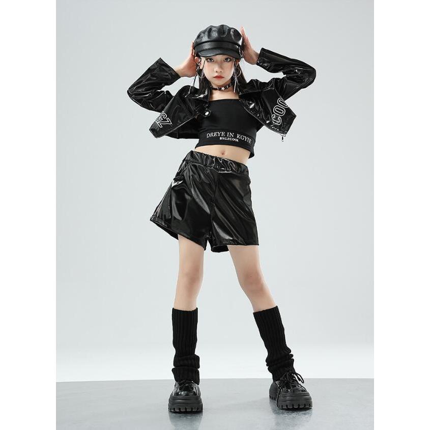 女の子ダンス衣装 レザーヒップホップジャズダンス服 キッズ pu