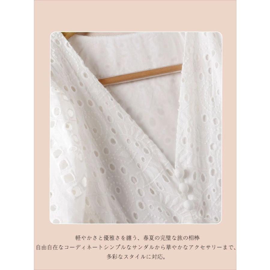 透かし 白 ワンピース ボヘミアン きれいめ ロング丈 ロング レディース レース  半袖 ロングドレス シンプル 春 夏 かわいい 大きいサイズ Vネック ホワイト 体_5
