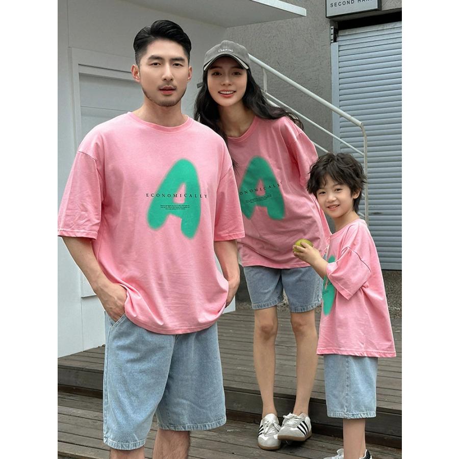 親子 ペアルック 親子コーデ 4人 総柄 ピンク 半袖 Tシャツ ショート 