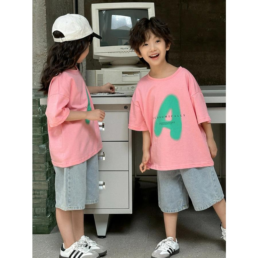 親子 ペアルック 親子コーデ 4人 総柄 ピンク 半袖 Tシャツ ショート
