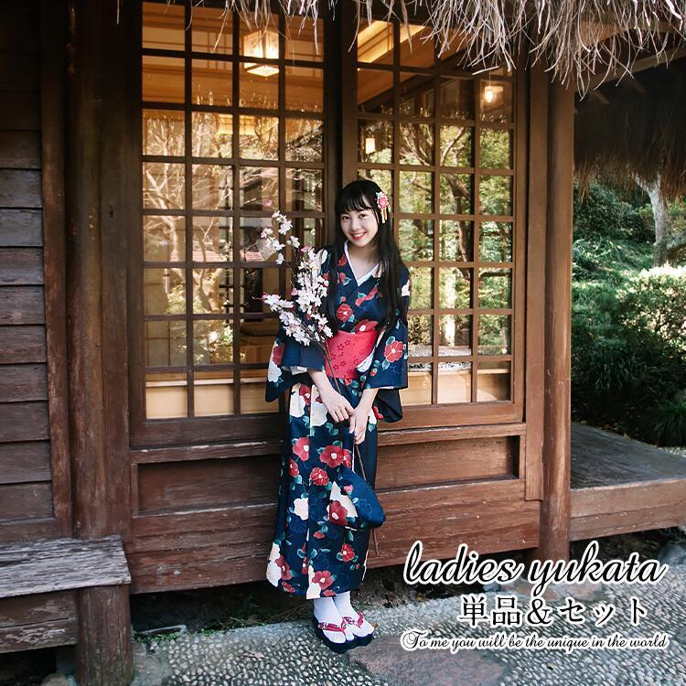 椿柄】紺色 浴衣 ゆかた yukata レディース 女性 作り帯 セット 2点