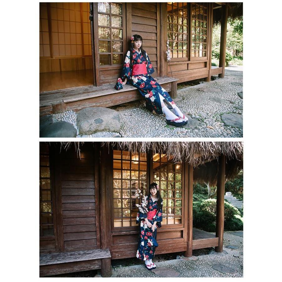 椿柄】紺色 浴衣 ゆかた yukata レディース 女性 作り帯 セット 2点