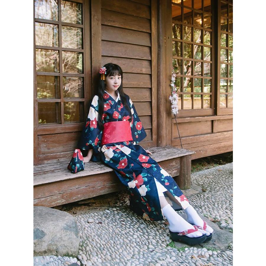 椿柄】紺色 浴衣 ゆかた yukata レディース 女性 作り帯 セット 2点