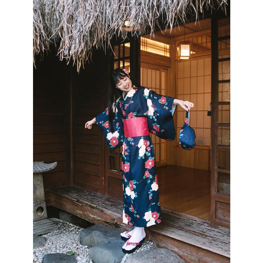 椿柄】紺色 浴衣 ゆかた yukata レディース 女性 作り帯 セット 2点