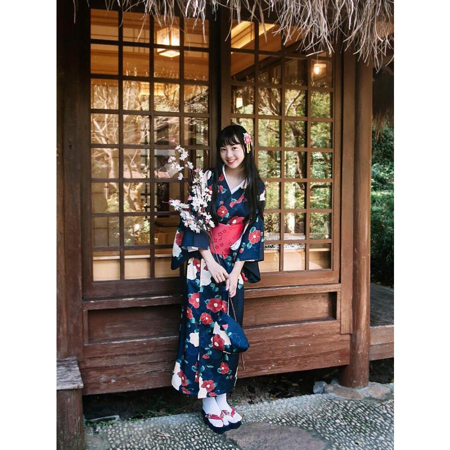 椿柄】紺色 浴衣 ゆかた yukata レディース 女性 作り帯 セット 2点