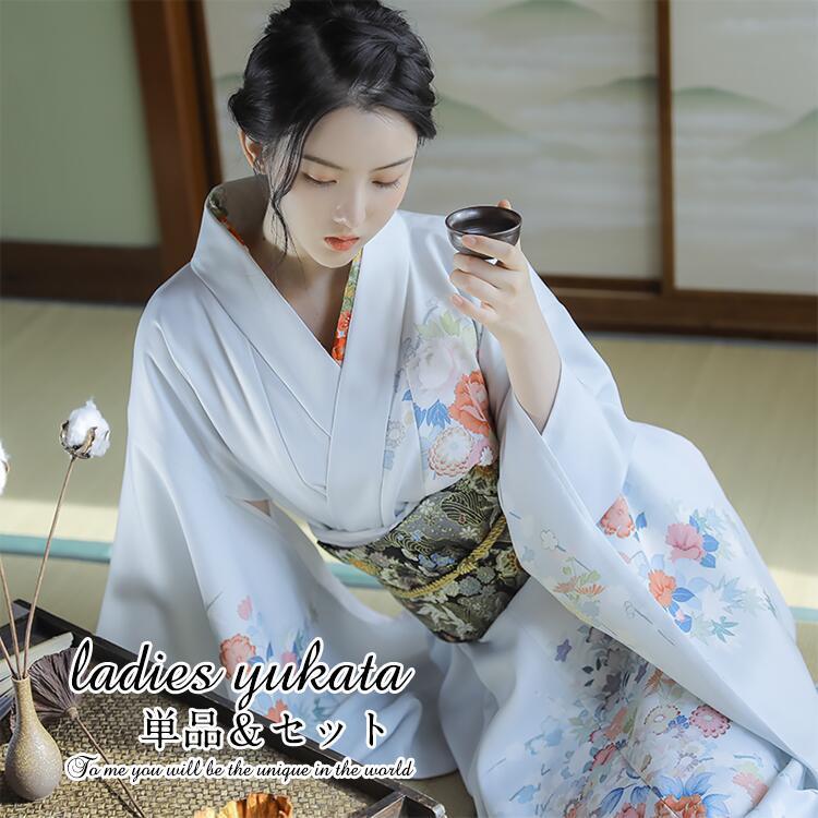 椿柄】薄青 浴衣 ゆかた yukata レディース 女性 作り帯 セット 2点