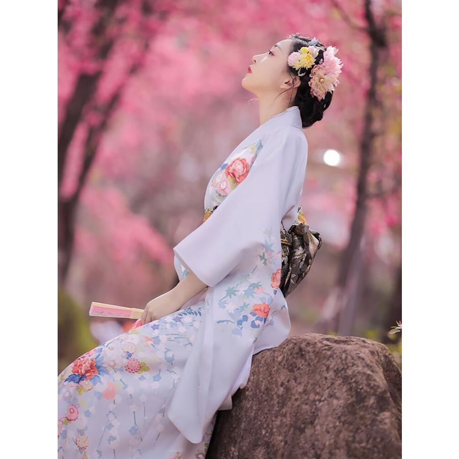 椿柄】薄青 浴衣 ゆかた yukata レディース 女性 作り帯 セット 2点