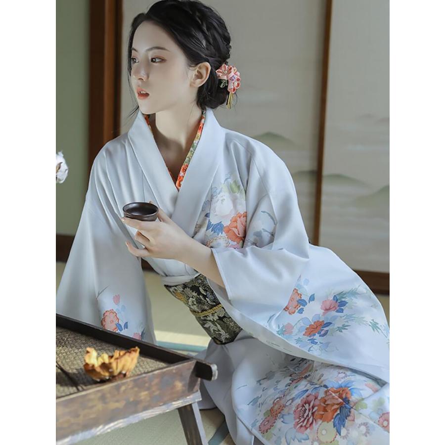 椿柄】薄青 浴衣 ゆかた yukata レディース 女性 作り帯 セット 2点
