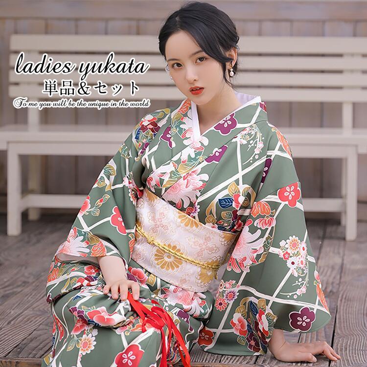 菊柄】浴衣 着物 ゆかた yukata レディース 女性 作り帯 セット 2点