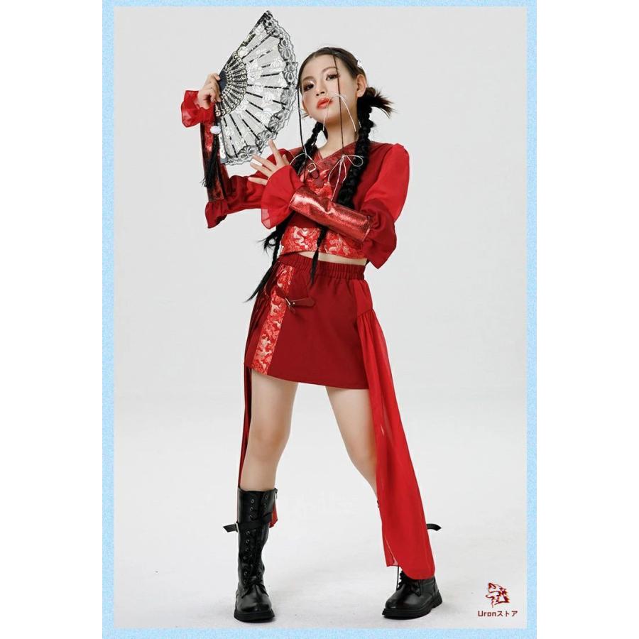 キッズダンス衣装 赤 韓国 アイドル セットアップ チュール へそ出し