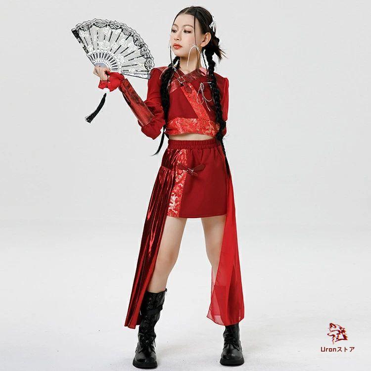 M企画 辰年衣装 赤フルセット キッズダンス衣装 赤 韓国 アイドル セットアップ チュール へそ出し