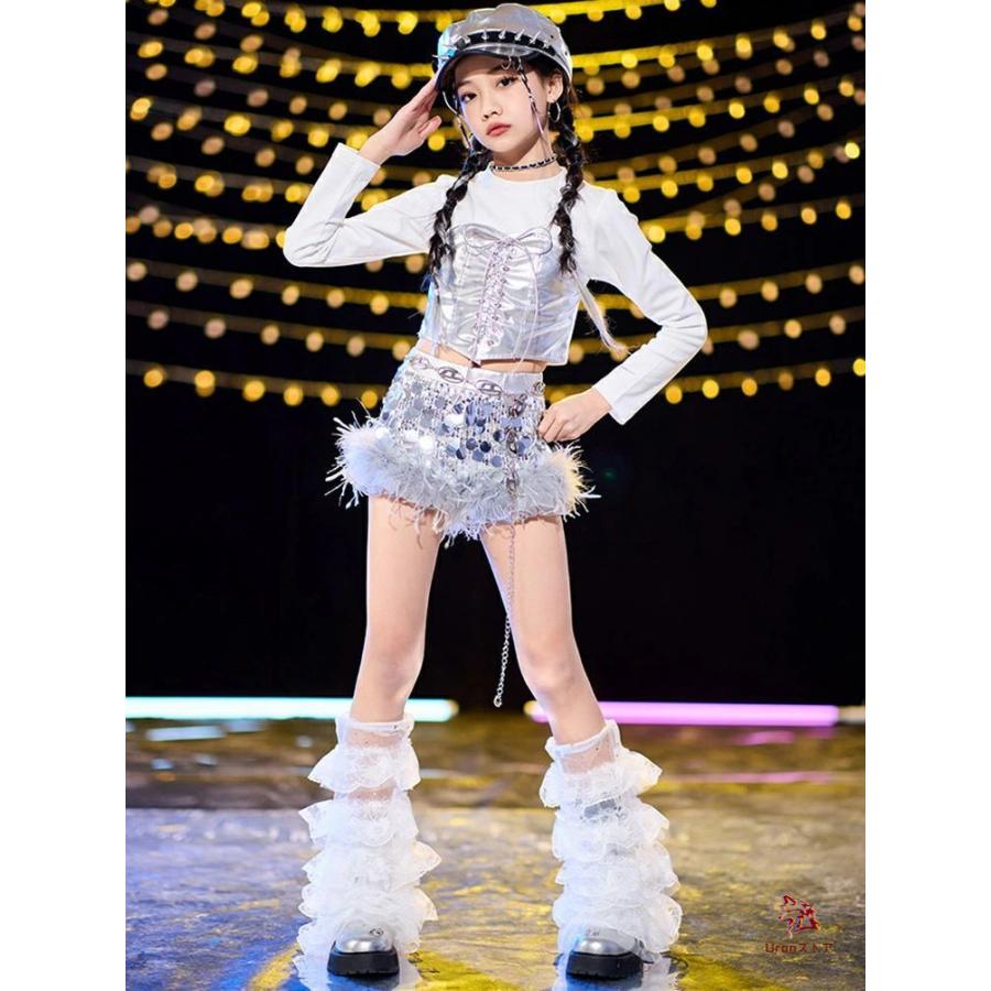 シルバー キッズダンス衣装 韓国スパンコール へそ出し キラキラ 派手