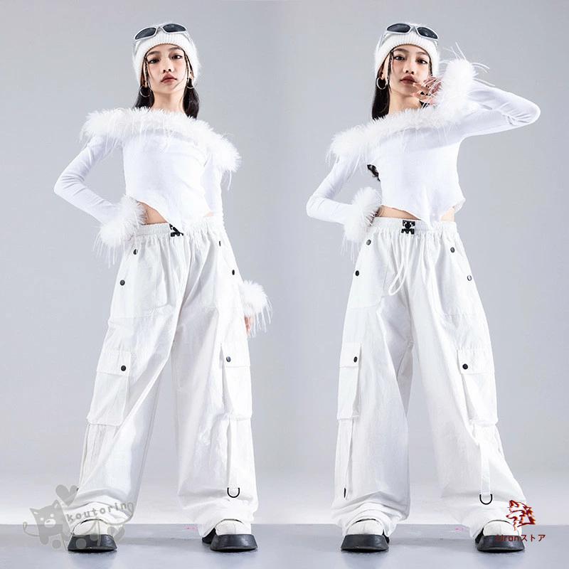 ダンス衣装 ヒップホップ セットアップ白トップス スカート パンツ