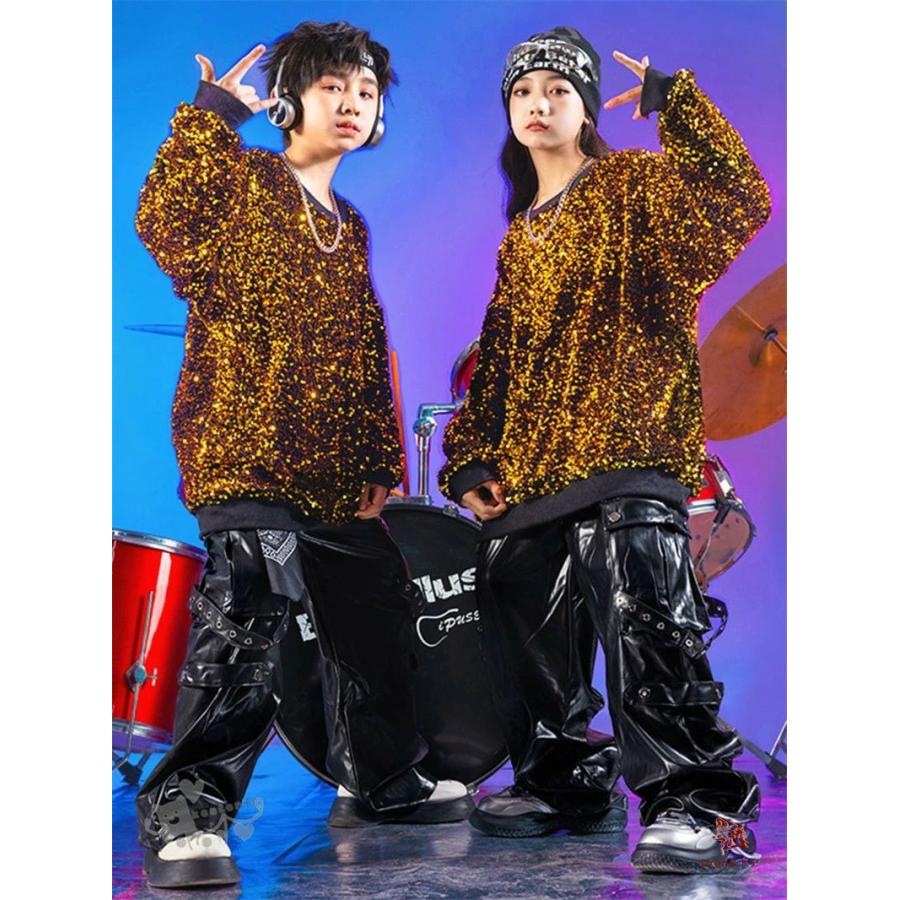 ダンス衣装 ヒップホップ 金 キラキラトップス 豹柄 ヒョウ柄パンツ