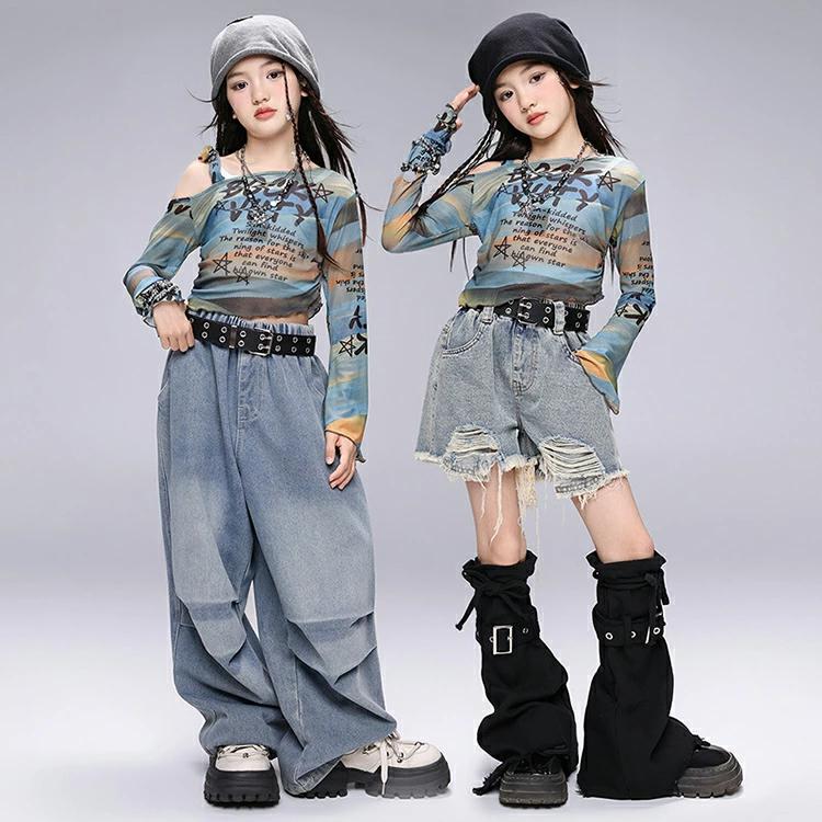 青 タイダイ トップス 女の子 長袖 ショート丈 へそ出し 肩だし キッズ