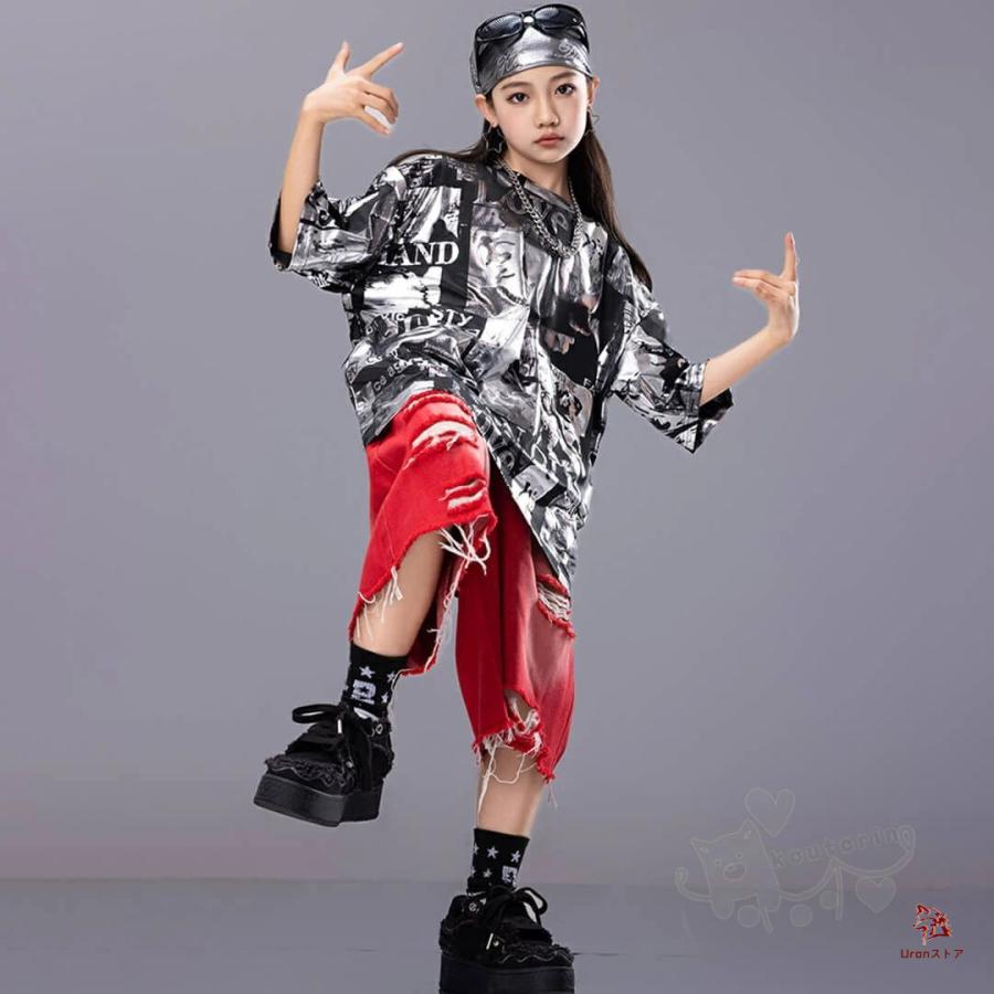 ガールズHIPHOP ダンス衣装 K-POP 韓国スタイル 半袖 柄トップス 半袖