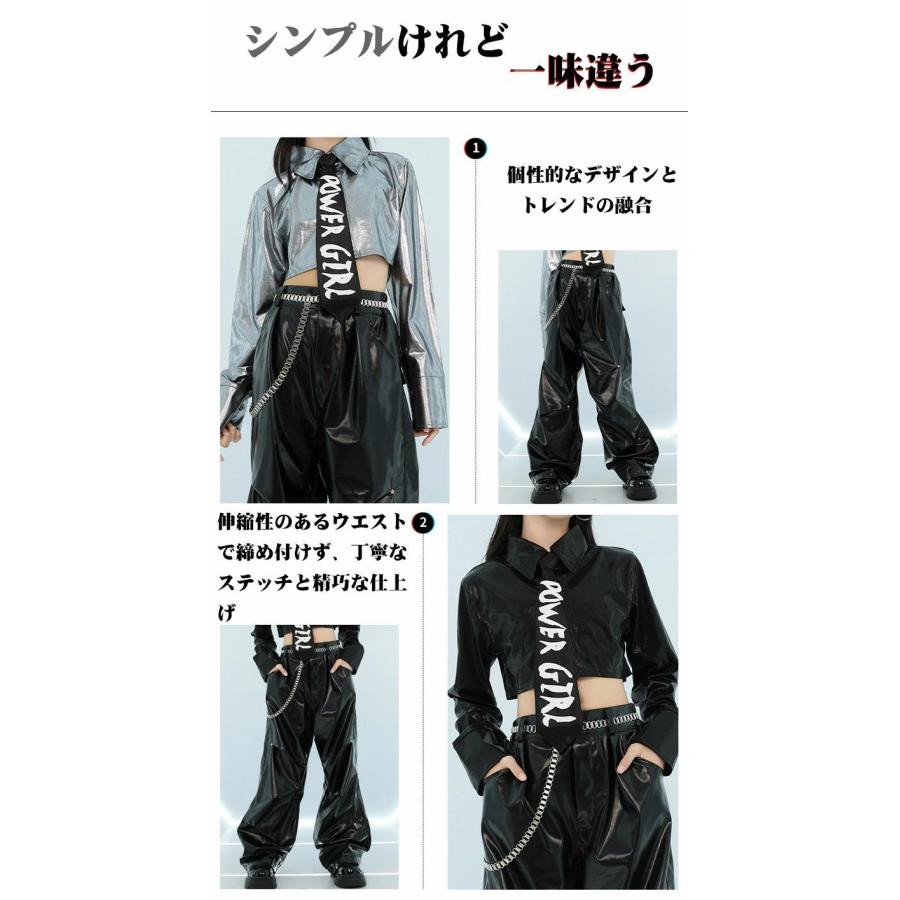 シルバー 黒 シャツ 長袖 光沢 キラキラ ショート丈 へそ出し PUレザー