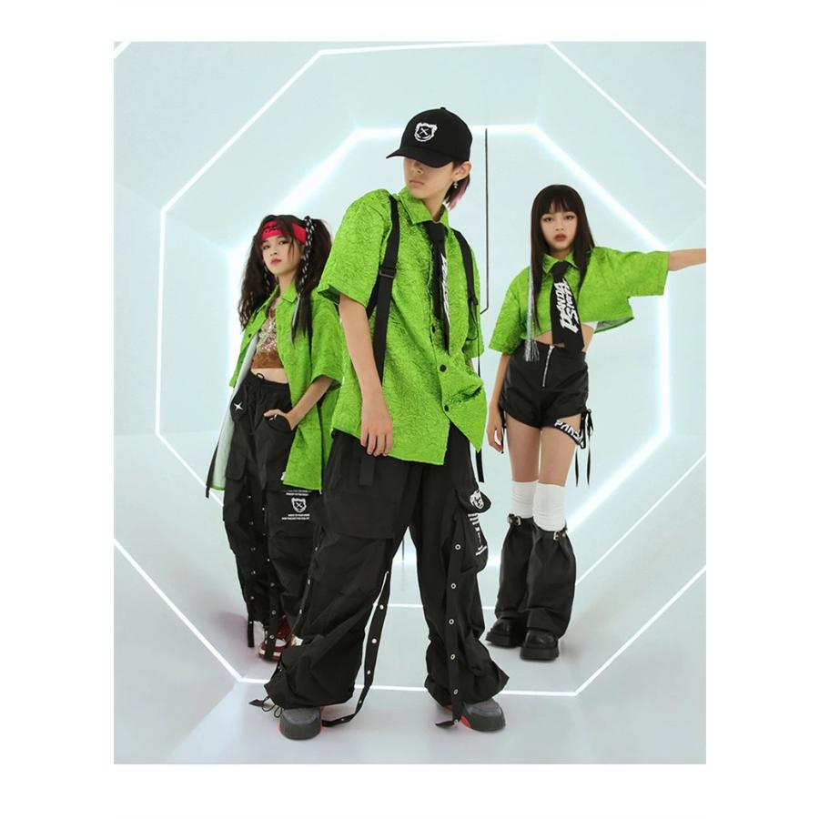 グリーン シャツ ダンス衣装 キッズ 女の子 男の子 シルク風 緑 半袖