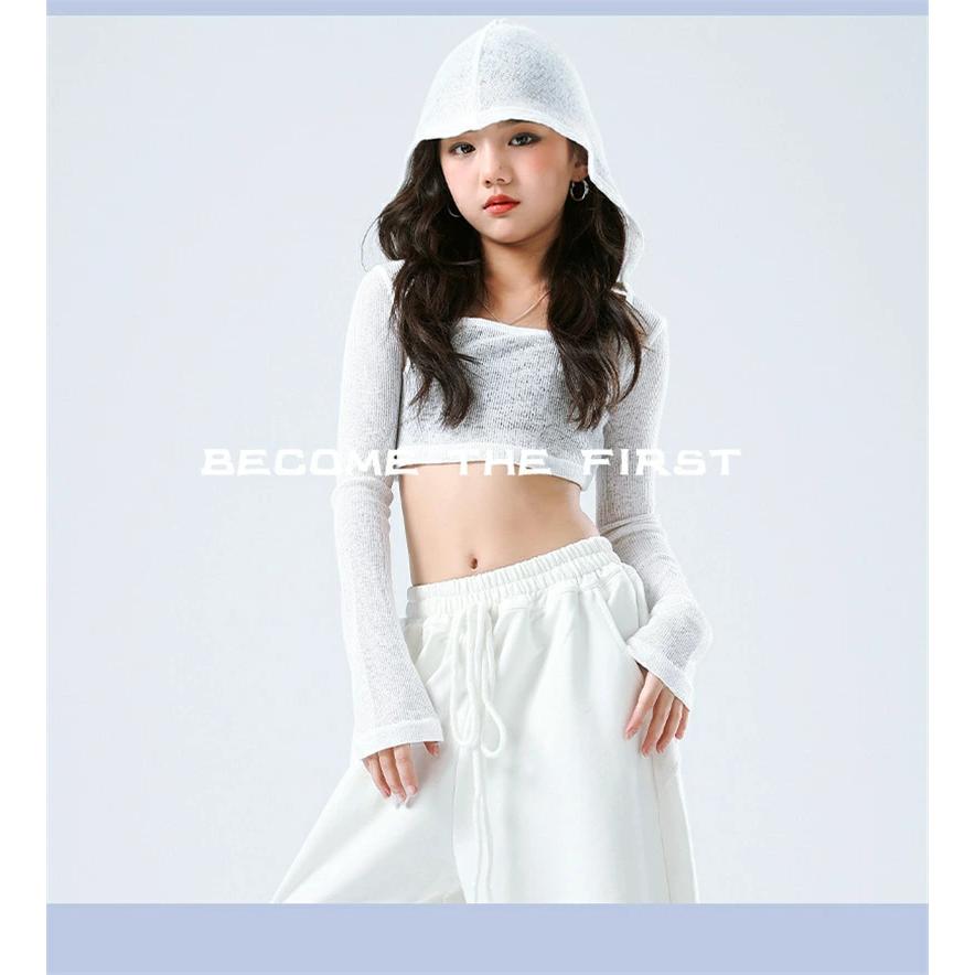 黒 白 女の子 ダンス衣装 フード付き トップス ガールズ ジャズ へそ