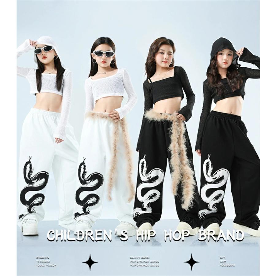 キッズダンス衣装 ヒップホップ 女の子 フード付き トップス 黒 白
