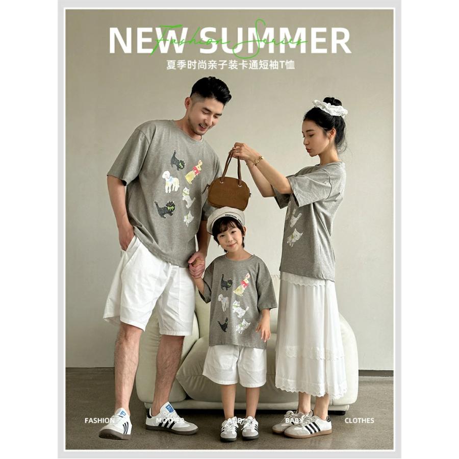 親子ペアルック 可愛い Tシャツ グレー 半袖 白スカート 女の子 ママ