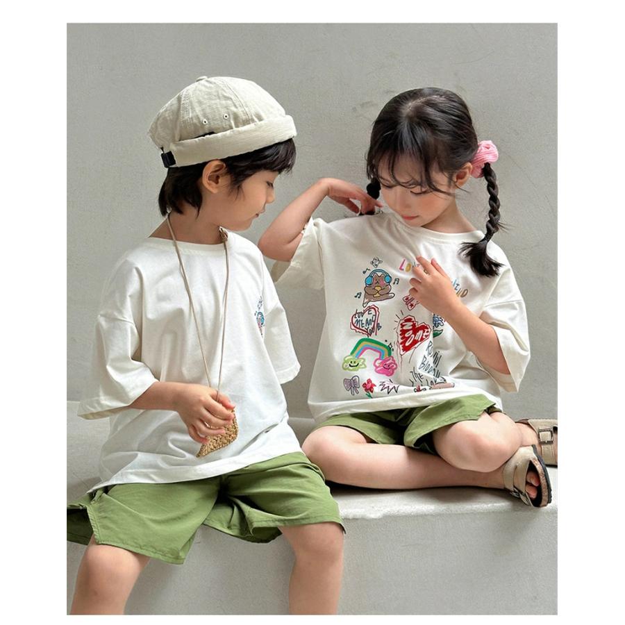 親子 リンクコーデ tシャツ 白 半袖 花柄 家族お揃い セットアップ 