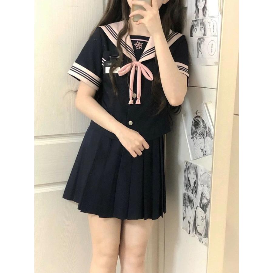 女の子 基本三本 セーラー服 女子高生 JK制服 紺色 ネービー ピンク
