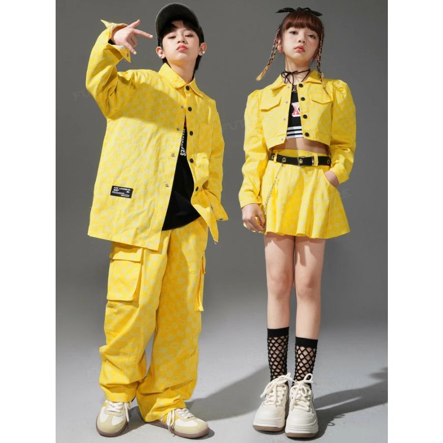 k-pop 衣装 黄色 チェック柄 キッズダンス衣装 セットアップ