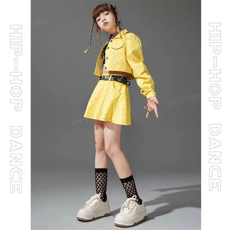 k-pop 衣装 黄色 チェック柄 キッズダンス衣装 セットアップ ヒップ