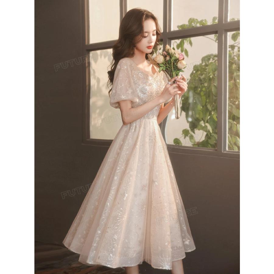 500円OFF★ピアノ発表会 ドレス 大人 高校生 シャンパン 半袖 パーティードレス 演奏会ドレス 体型カバー ドレス マキシ丈 ミモレ丈 キラキラ レース ウェディン | ブランド登録なし | 08