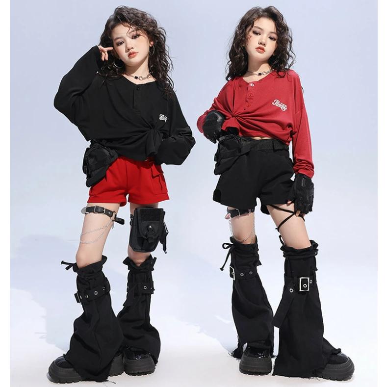 【美品】レスミルズ ボディコンバット トップス ショートパンツ セット 黒/赤 k-pop 衣装 キッズダンス衣装 カーゴパンツ 赤 ショートパンツ