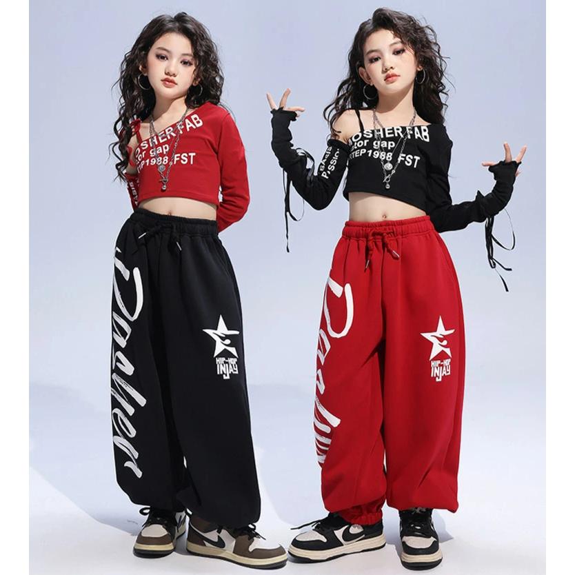 k-pop 衣装 赤ズボン 黒パンツ 韓国 キッズダンス衣装 セットアップ