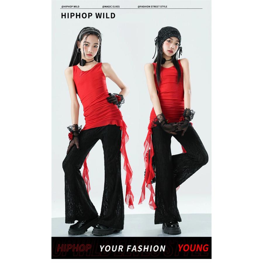 レース フレアパンツ キッズ ダンス衣装 セットアップ k-pop 衣装 黒