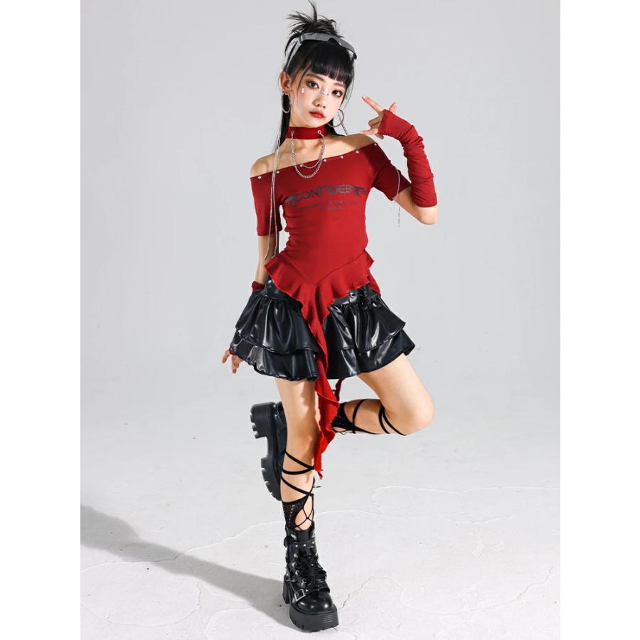 赤 キッズ ダンス 衣装 女の子 トップス 肩出し アームカバー 赤