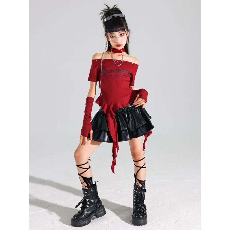 赤 キッズ ダンス 衣装 女の子 トップス 肩出し アームカバー 赤