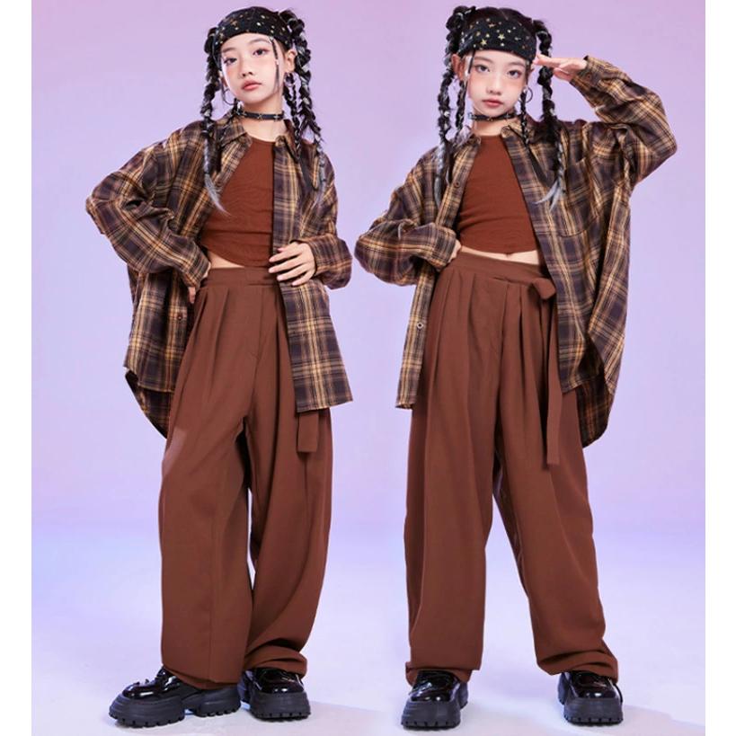 チェック柄 シャツ 茶色 k-pop 衣装 キッズダンス衣装 セットアップ