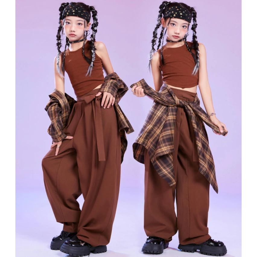チェック柄 シャツ 茶色 k-pop 衣装 キッズダンス衣装 セットアップ