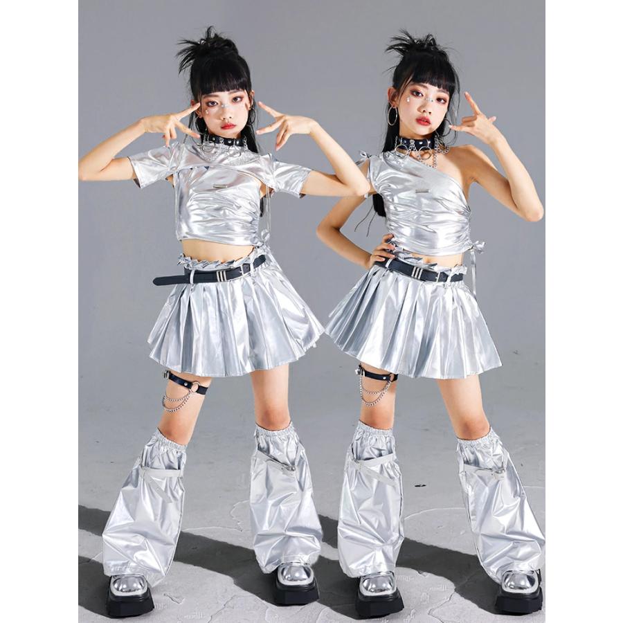 キッズ ダンス衣装 女の子 シルバー ダンス 衣装 キラキラ へそ出し