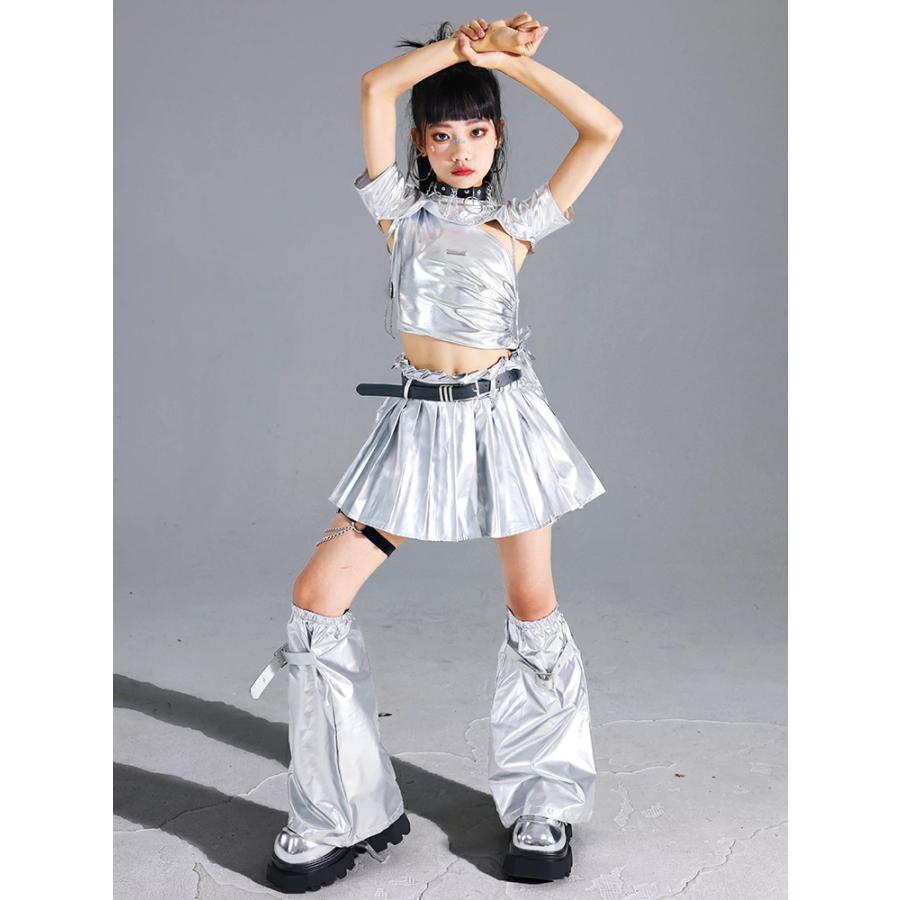 キッズ ダンス衣装 女の子 シルバー ダンス 衣装 キラキラ へそ出し