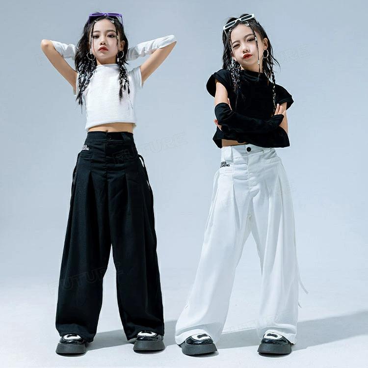 白黒 へそ出しトップス ダンスパンツ キッズダンス衣装 セットアップ