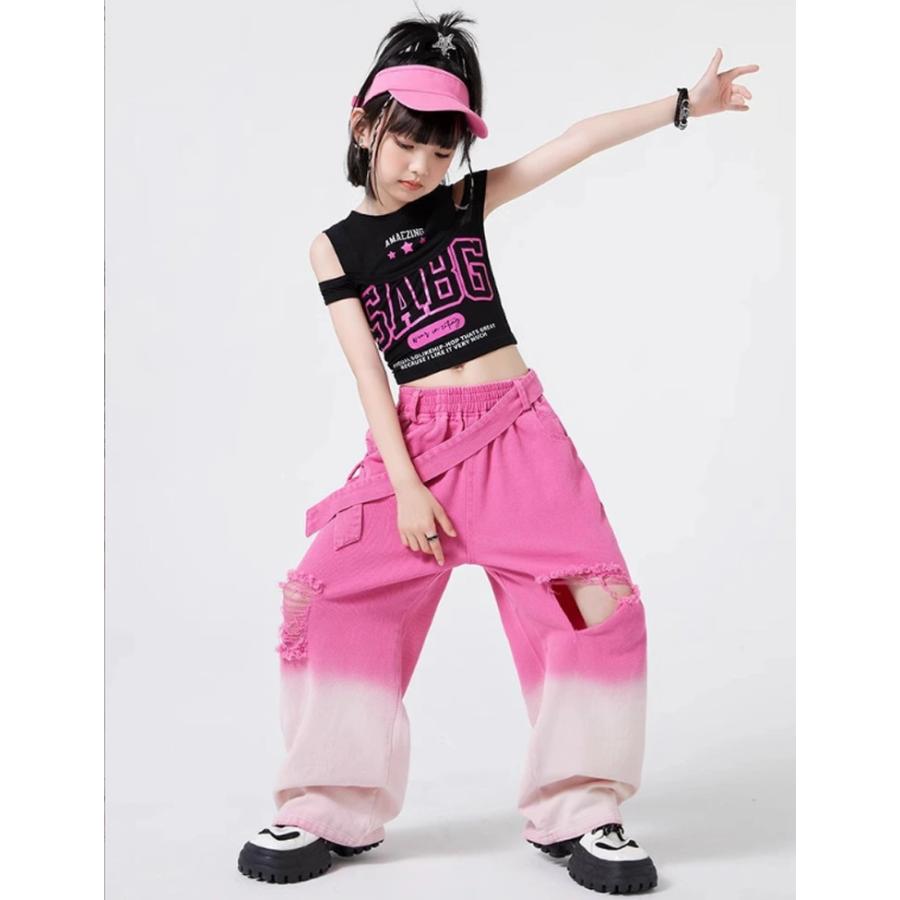k-pop 衣装 キッズ ダンス デニムパンツ 赤 タイダイ染め セットアップ