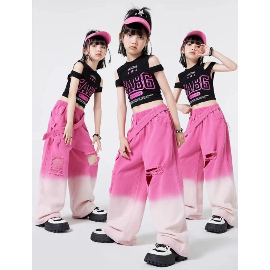 k-pop 衣装 キッズ ダンス デニムパンツ 赤 タイダイ染め セットアップ