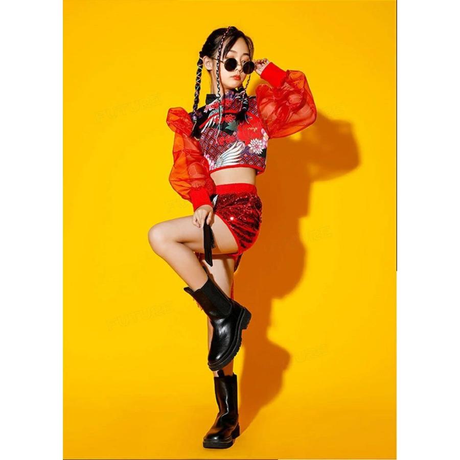 赤 中華風 ダンス衣装 女の子 キッズダンス衣装 セットアップ きらきら