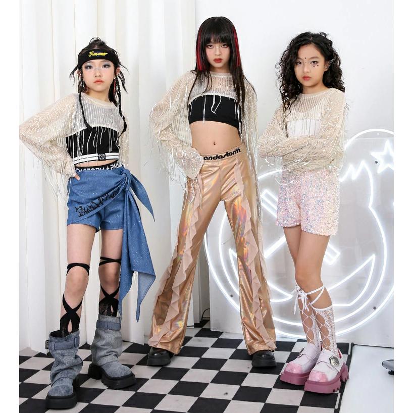 シルバー キッズダンス衣装 キラキラ k-pop 衣装 トップス ゴールド