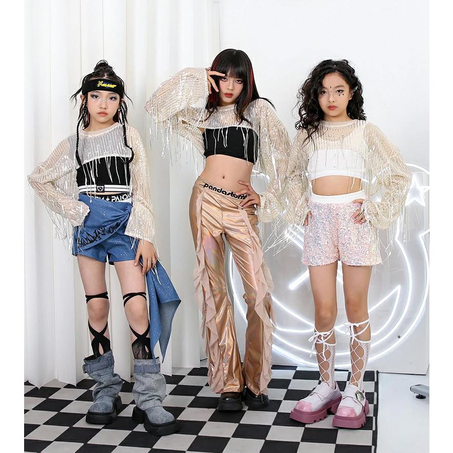 社交ダンス衣装　ステージ衣装　ゴールド✖️シルバー　キラキラ　ビジュ装飾 シルバー キッズダンス衣装 キラキラ k-pop 衣装 トップス ゴールド