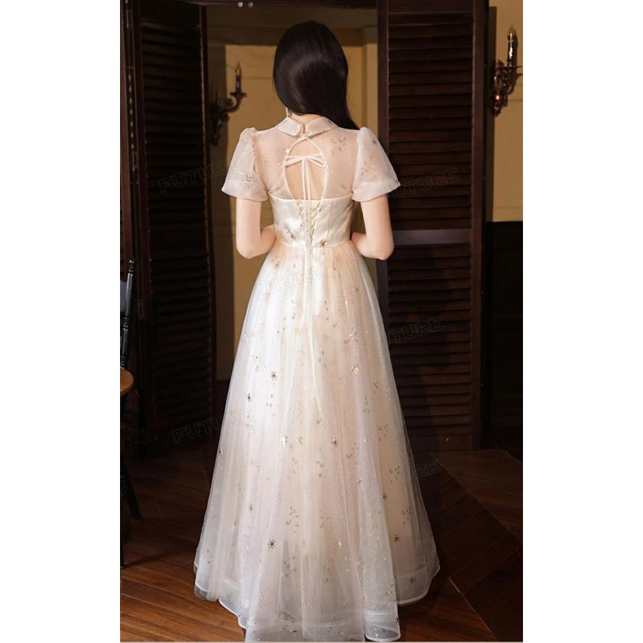 大人 ピアノ発表会 高校生 シャンパン 森ガール パーティードレス 演奏会ドレス 体型カバー ドレス マキシ丈 キラキラ スパンコール ウェディ | ブランド登録なし | 07